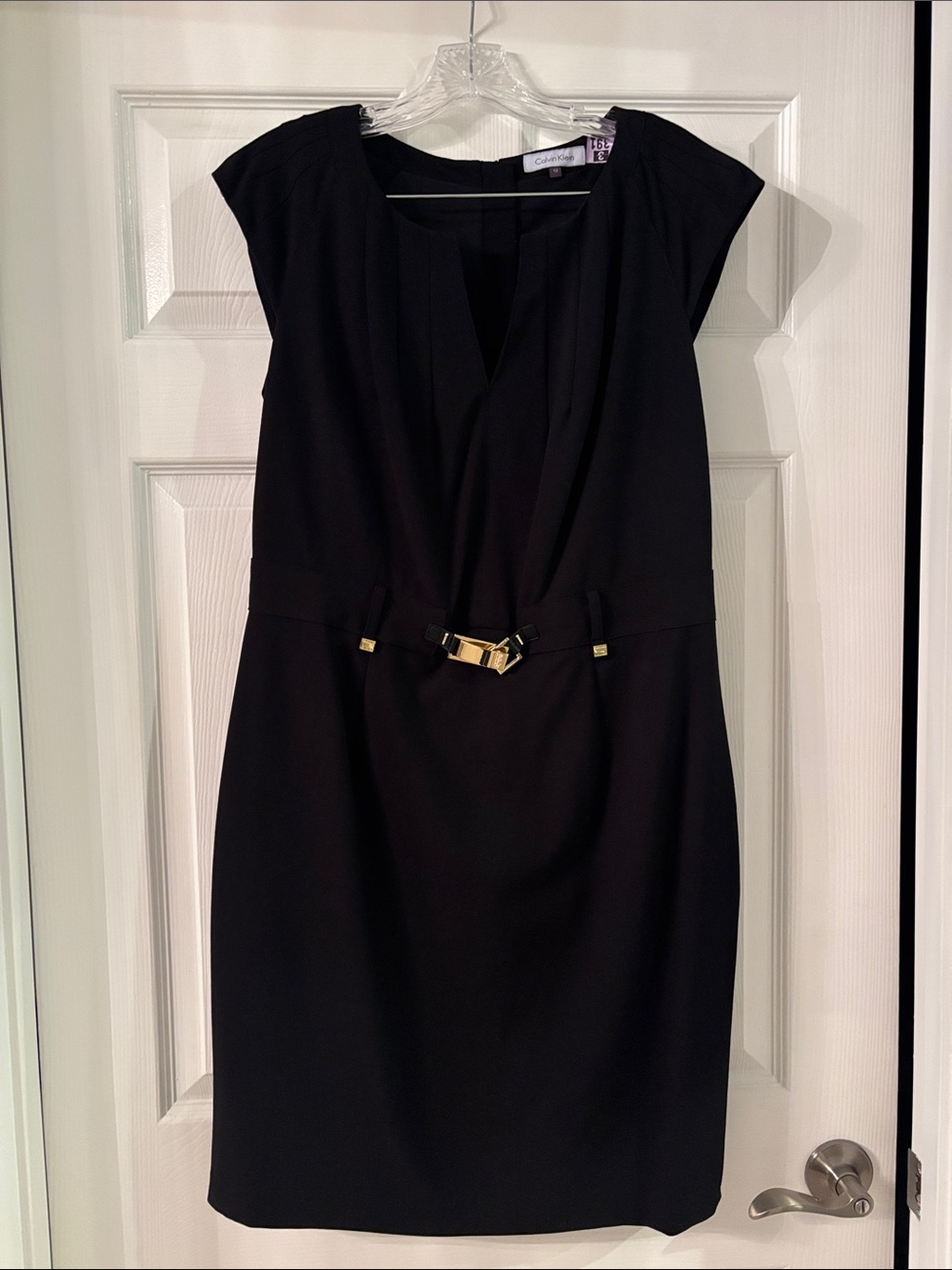 Calvin Klein Black Midi Sheath Dress with Gold Buckle